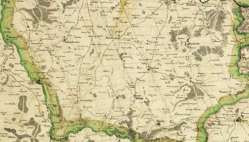 Stary, ręcznie rysowany plan pokazuje tereny, gdzie jest Podlasie, z zaznaczonymi wsiami i miasteczkami jak Strusy, Mordy, Losice.