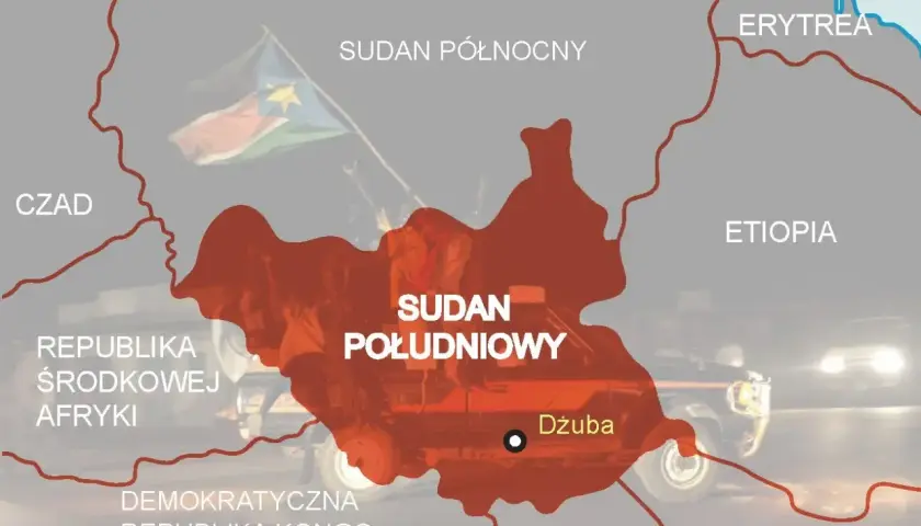 Mapa Afryki. Sudan Południowy, zaznaczony na czerwono, leży między Sudanem Północnym a Ugandą i Kenią.