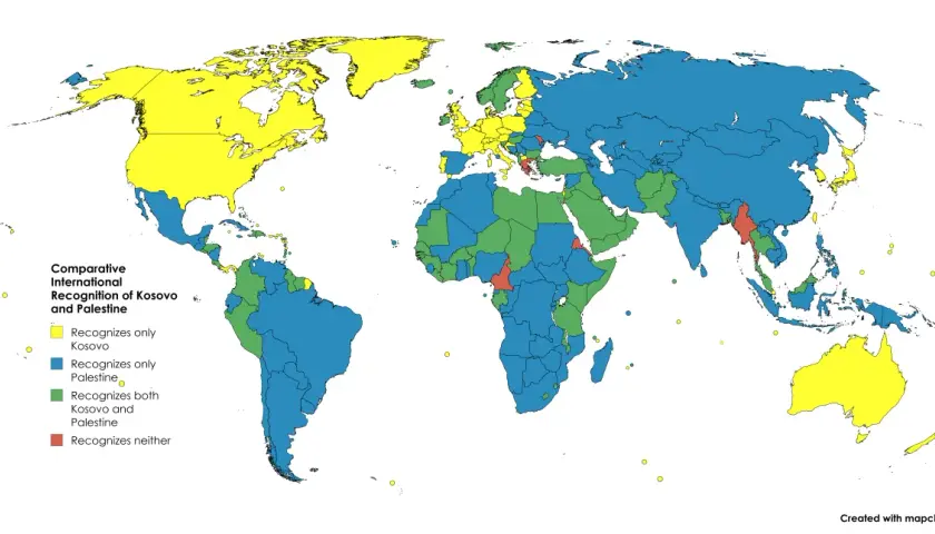 Mapa świata pokazująca, czy kosowo to państwo. Kolory oznaczają uznanie Kosowa i Palestyny przez inne kraje.