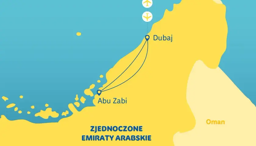 Mapa Zjednoczonych Emiratów Arabskich. Widać połączenie lotnicze między Dubajem, stolicą, a Abu Zabi.