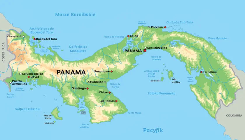 Mapa Panamy pokazuje jej położenie między Morzem Karaibskim a Pacyfikiem. Widoczne są miasta, wyspy i zatoki, w tym Archipelag Bocas del Toro.