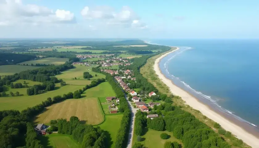 Dojazd PKP do Dąbków to malownicza podróż przez zielone pola i lasy, kończąca się widokiem na piaszczystą plażę i morze.