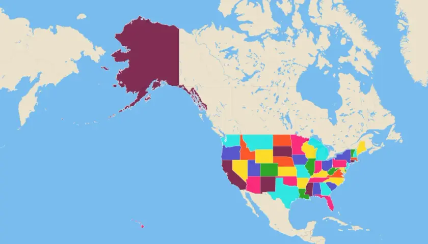 Mapa USA z kolorowymi stanami, w tym Alaska i Hawaje. Stany USA alfabetycznie, pogrupowane kolorami.