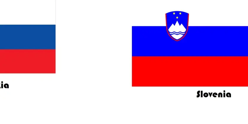 Flagi Słowacji i Słowenii. Oba kraje mają podobne barwy, ale różnią się herbami. 🇸🇰