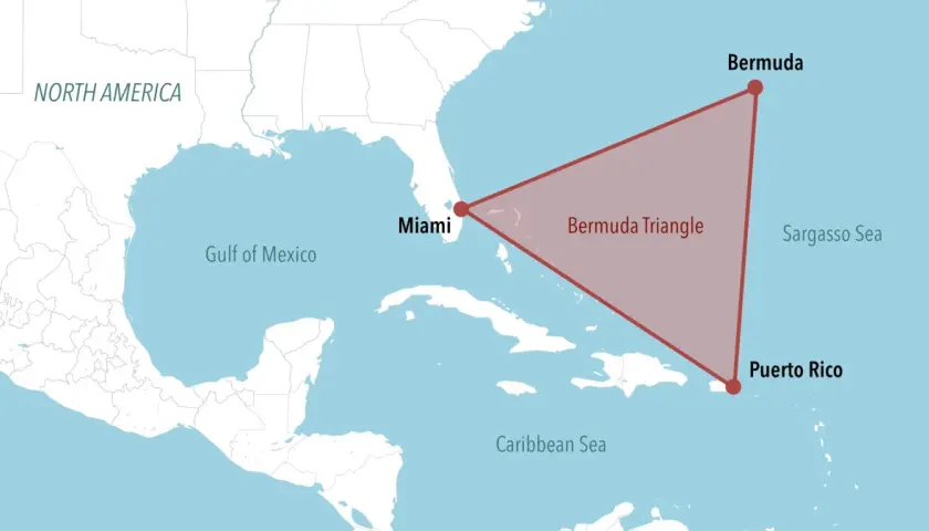 Mapa pokazuje, gdzie znajduje się trójkąt bermudzki: między Miami, Bermudami i Puerto Rico.