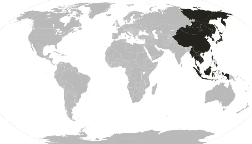 Mapa świata z zaznaczonymi krajami dalekiego wschodu, obejmującymi Chiny, Koreę, Japonię i część Azji Południowo-Wschodniej.