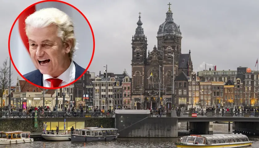 Geert Wilders na tle Amsterdamu, gdzie holandia ludność cieszy się spacerem po kanałach.