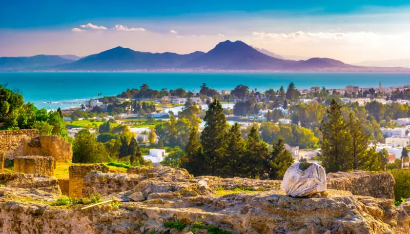 Tunis, afrykańska stolica nad Morzem Śródziemnym, rozciąga się od starożytnych ruin po białe domy, z górami w tle.