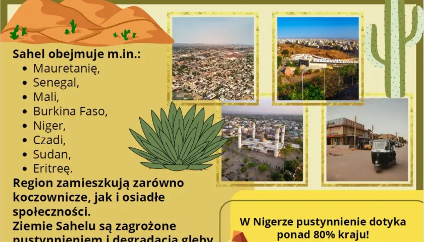 Państwa Sahelu: Mauretania, Senegal, Mali, Burkina Faso, Niger, Czad, Sudan, Erytrea. Region zagrożony pustynnieniem.