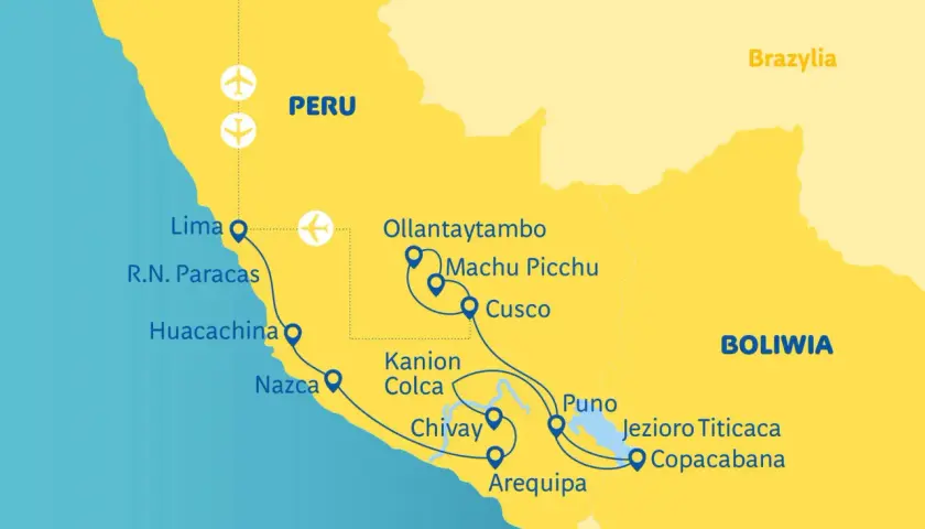 Mapa Peru pokazuje, gdzie jest Machu Picchu, blisko Cusco i Ollantaytambo.