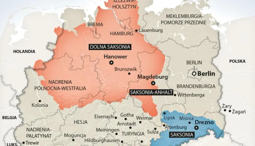 Mapa Niemiec z zaznaczonymi regionami. Gdzie leży Saksonia? Na wschodzie, obok Drezna i Lipska.