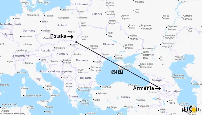 Armenia leży na wschód od Turcji, na południe od Gruzji. Mapa pokazuje trasę z Polski do Armenii.
