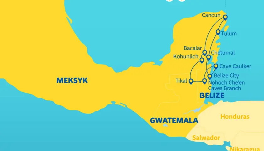Mapa turystyczna z zaznaczonymi trasami po państwach na Jukatanie: Meksyk, Belize, Gwatemala.