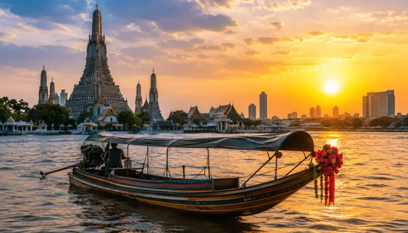 Łódź płynie po rzece w stronę Wat Arun, symbolu Bangkoku, podczas zachodu słońca.