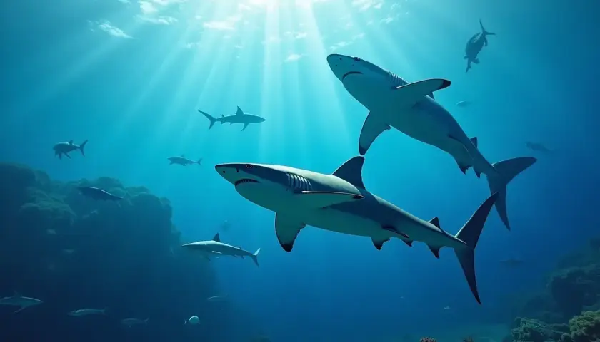Dwa rekiny pływające w błękitnej wodzie oceanu, z promieniami słońca przebijającymi się przez powierzchnię.