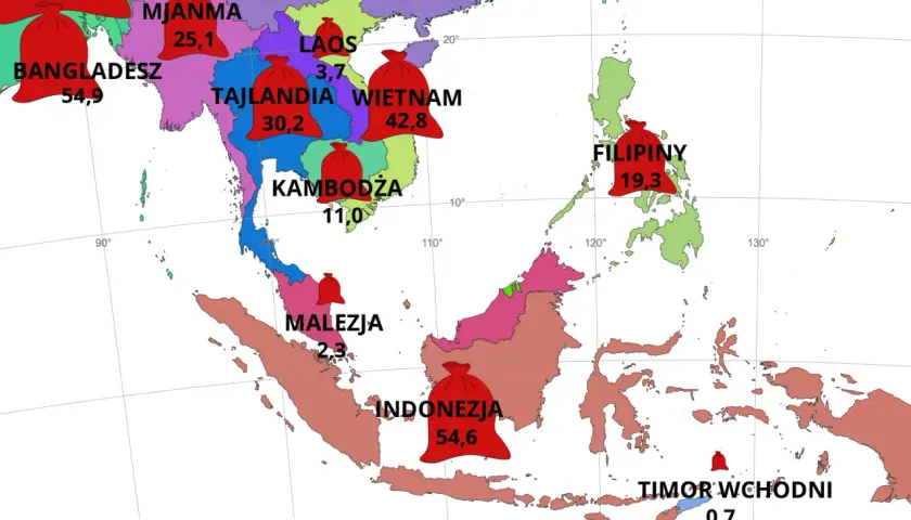 Mapa przedstawia wielkość produkcji ryżu w krajach Azji Południowo-Wschodniej. Najwięcej produkują Chiny i Indie.