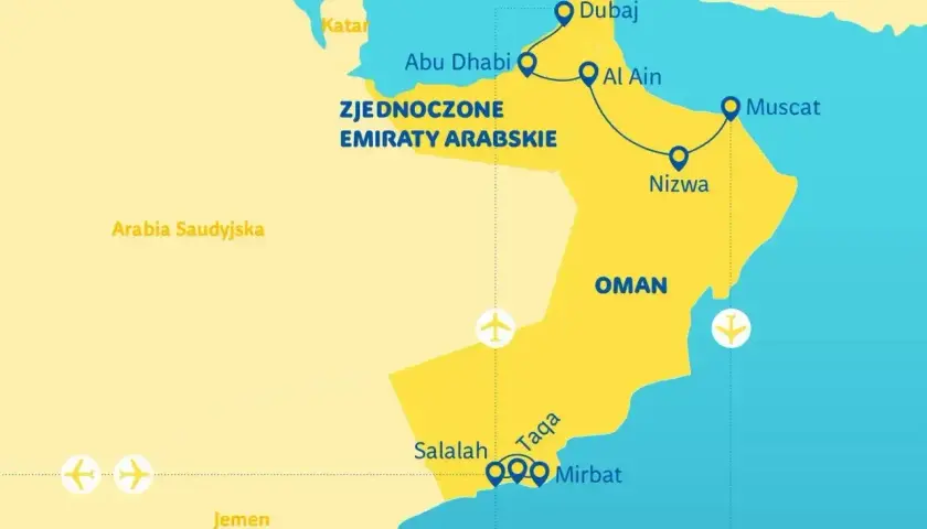 Mapa pokazuje, gdzie jest Oman, jego stolica Maskat, oraz inne miasta jak Salalah. Zjednoczone Emiraty Arabskie i Arabia Saudyjska sąsiadują z Omanem.