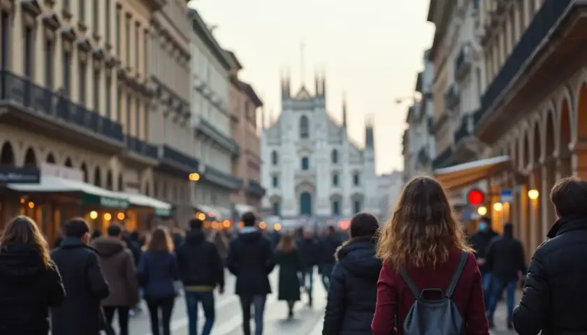 Tłum ludzi spaceruje ulicą w Mediolanie, w tle widać katedrę. Czy Mediolan jest bezpieczny? Wydaje się, że tak, ludzie swobodnie się poruszają.