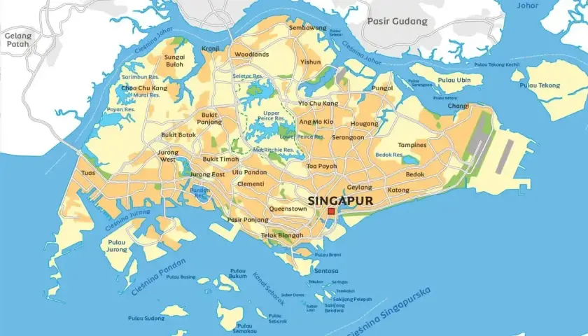 Mapa pokazuje, gdzie leży Singapur, otoczony przez Malezję i Indonezję, z licznymi wyspami i cieśninami.