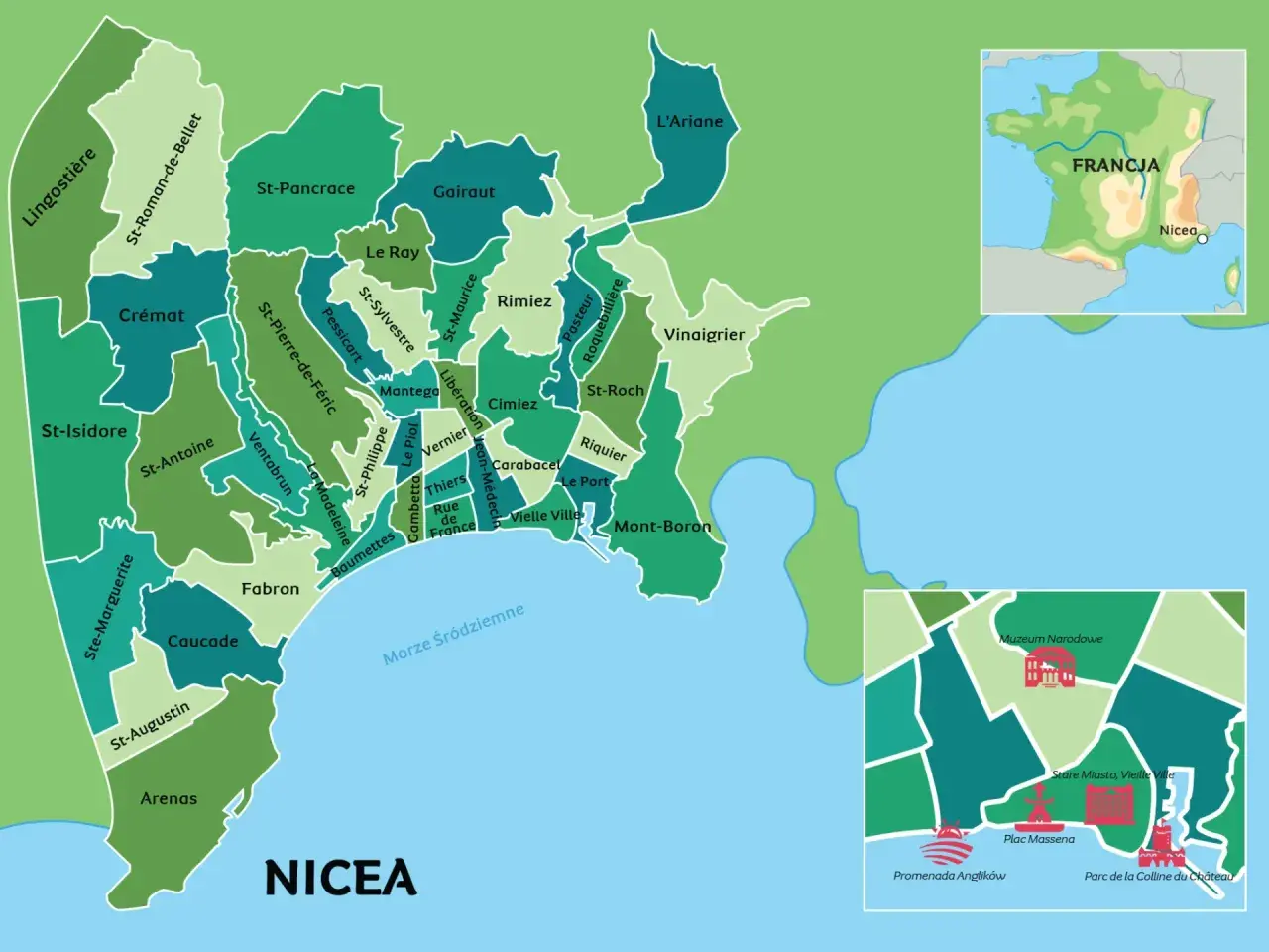 Mapa administracyjna Nicei, pokazująca jej dzielnice i położenie we Francji. Gdzie jest Nicea? Na Lazurowym Wybrzeżu.