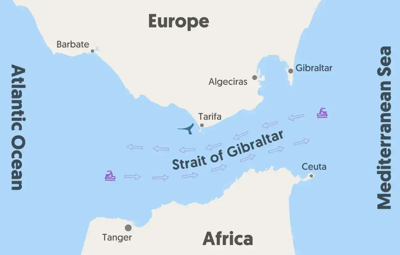 Mapa pokazuje Cieśninę Gibraltarską, oddzielającą Europę od Afryki. Gdzie leży Maroko? Na południe od cieśniny, obok Tangeru.