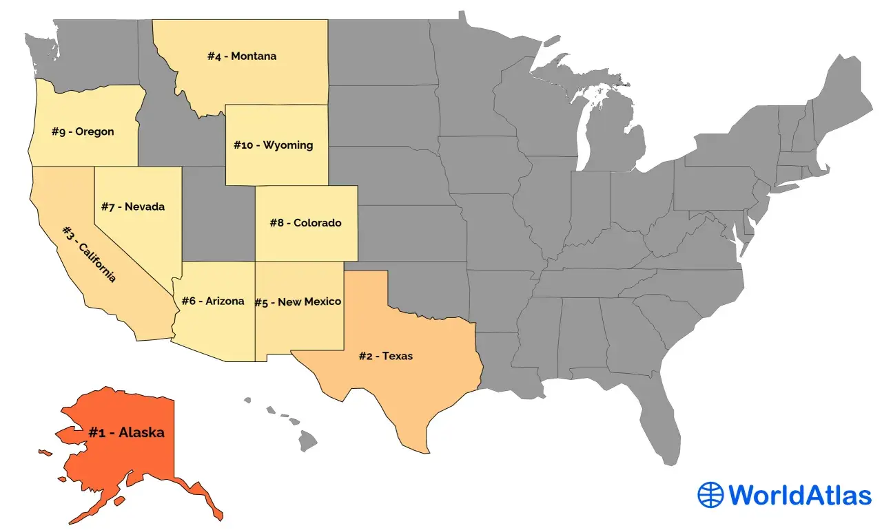 Mapa USA z zaznaczonymi stanami. #1 Alaska to największy stan USA. Widać też Teksas, Kalifornię i inne.