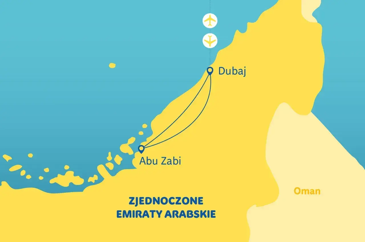 Mapa Zjednoczonych Emiratów Arabskich. Widać połączenie lotnicze między Dubajem a Abu Zabi.