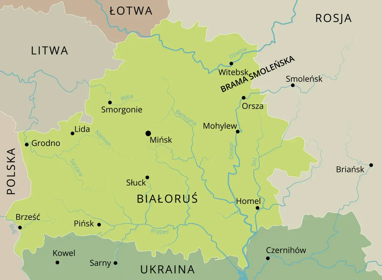 Mapa Białorusi z zaznaczonymi miastami. Witebsk i Orsza leżą blisko granicy z Rosją, gdzie leży Smoleńsk.