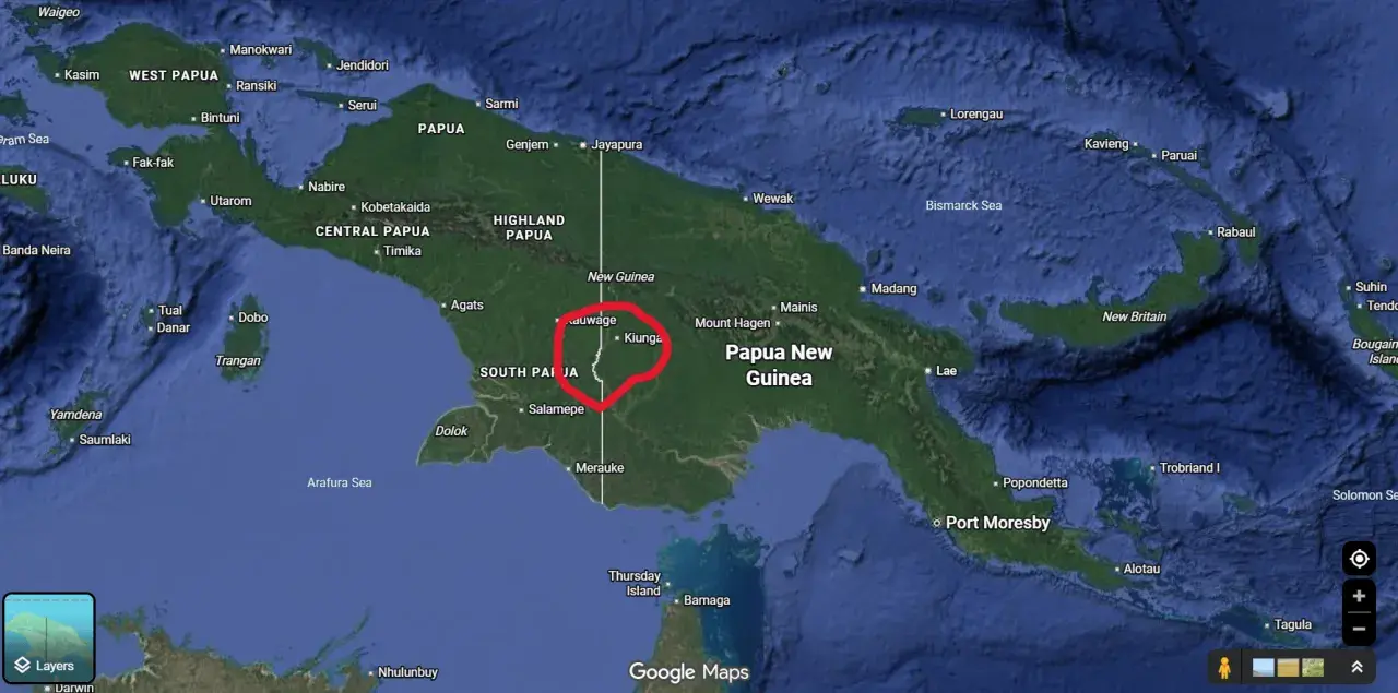 Mapa pokazuje, gdzie leży Papua Nowa Gwinea, z zaznaczonymi miastami i regionami, w tym Highland Papua.