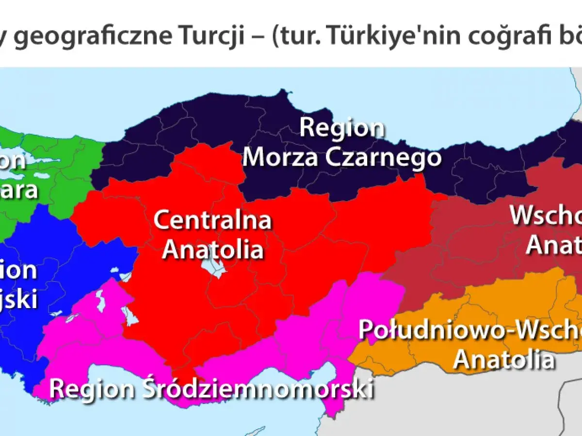 Mapa pokazuje, gdzie leży Turcja, podzielona na regiony: Morze Czarne, Centralna Anatolia, Południowo-Wschodnia Anatolia i Region Śródziemnomorski.