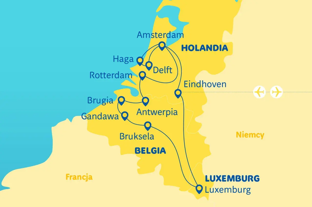 Mapa turystyczna regionu **Benelux** z zaznaczonymi trasami między miastami Holandii, Belgii i Luksemburga.