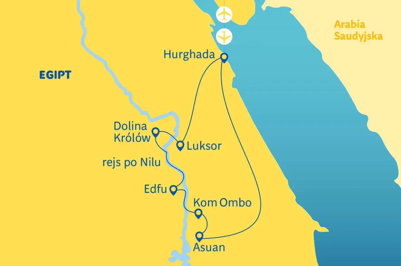 Mapa przedstawia turystyczne regiony Egiptu: Hurghadę, Luksor, Dolinę Królów, Edfu, Kom Ombo i Asuan, z zaznaczonym rejsem po Nilu.