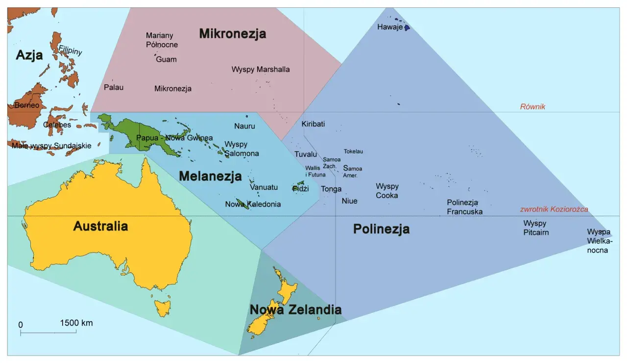 Mapa przedstawia podział państw Oceanii na regiony: Mikronezję, Melanezję i Polinezję, z zaznaczoną Australią i Nową Zelandią.