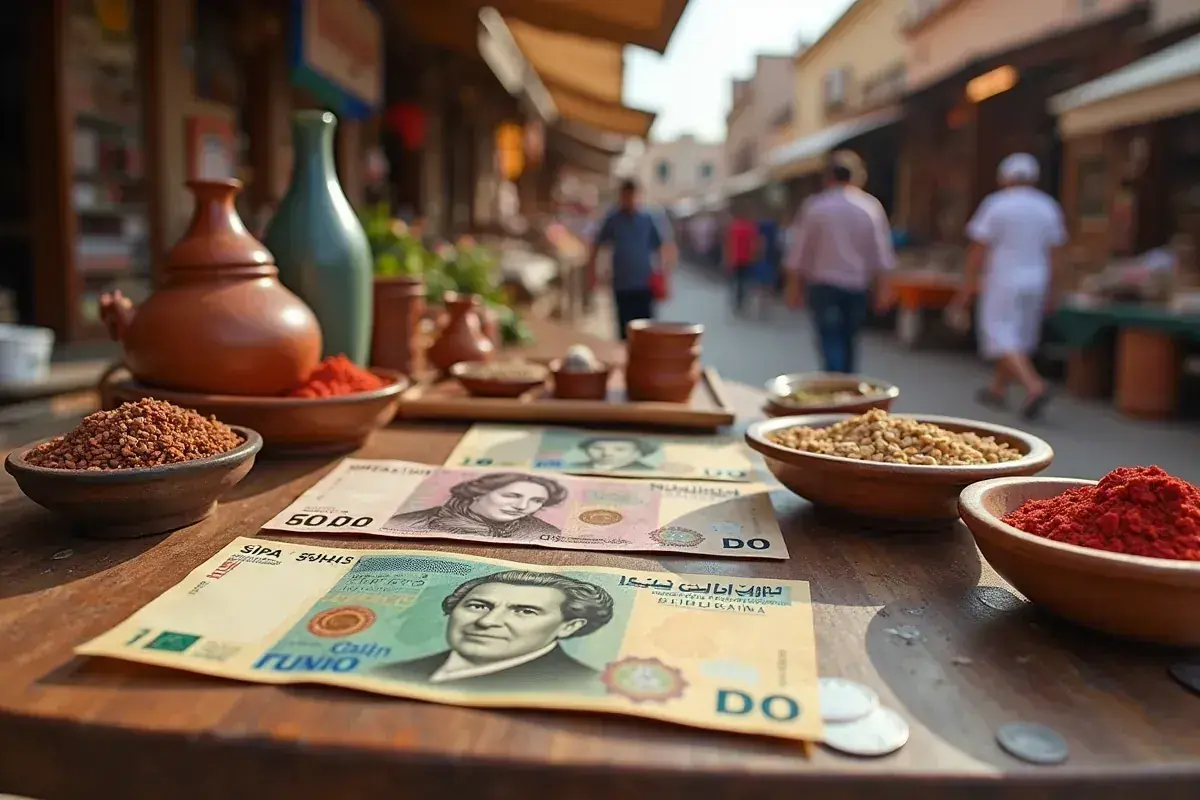 Na stole leżą banknoty tunezyjska waluta, obok miseczki z przyprawami i ziarnami.