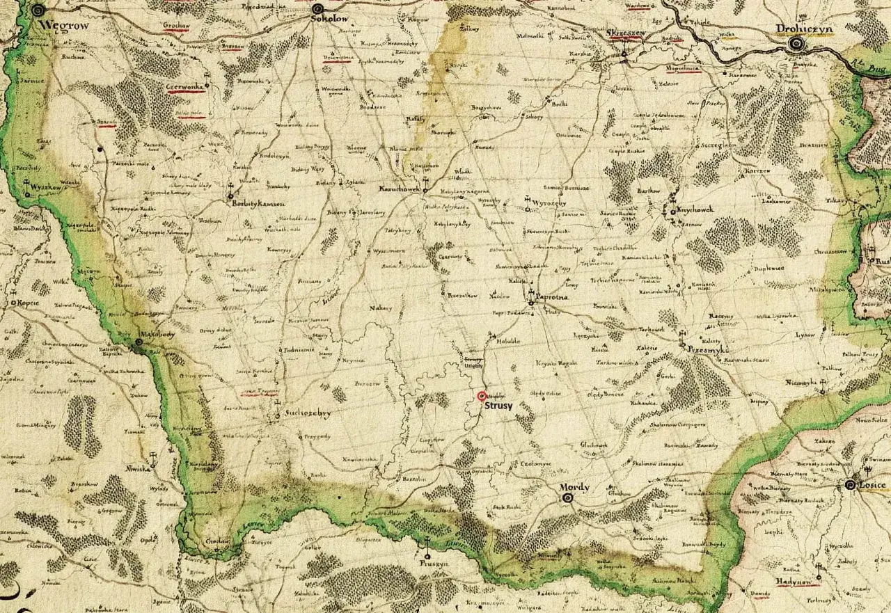 Stary, ręcznie rysowany plan pokazuje tereny, gdzie jest Podlasie, z zaznaczonymi wsiami i miasteczkami jak Strusy, Mordy, Losice.