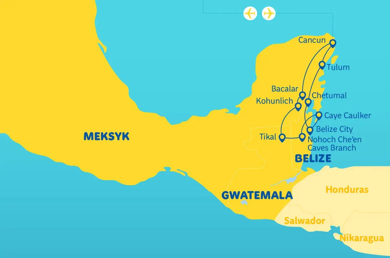 Mapa turystyczna z zaznaczonymi trasami po państwach na Jukatanie: Meksyk, Belize, Gwatemala.