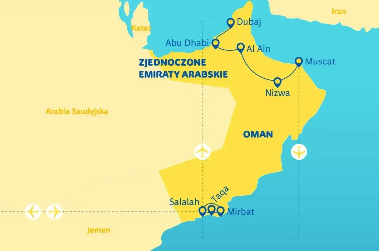 Mapa pokazuje, gdzie jest Oman, jego stolica Maskat, oraz inne miasta jak Salalah. Zjednoczone Emiraty Arabskie i Arabia Saudyjska sąsiadują z Omanem.