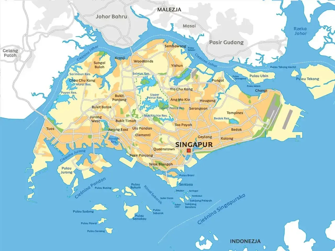Mapa pokazuje, gdzie leży Singapur, otoczony przez Malezję i Indonezję, z licznymi wyspami i cieśninami.