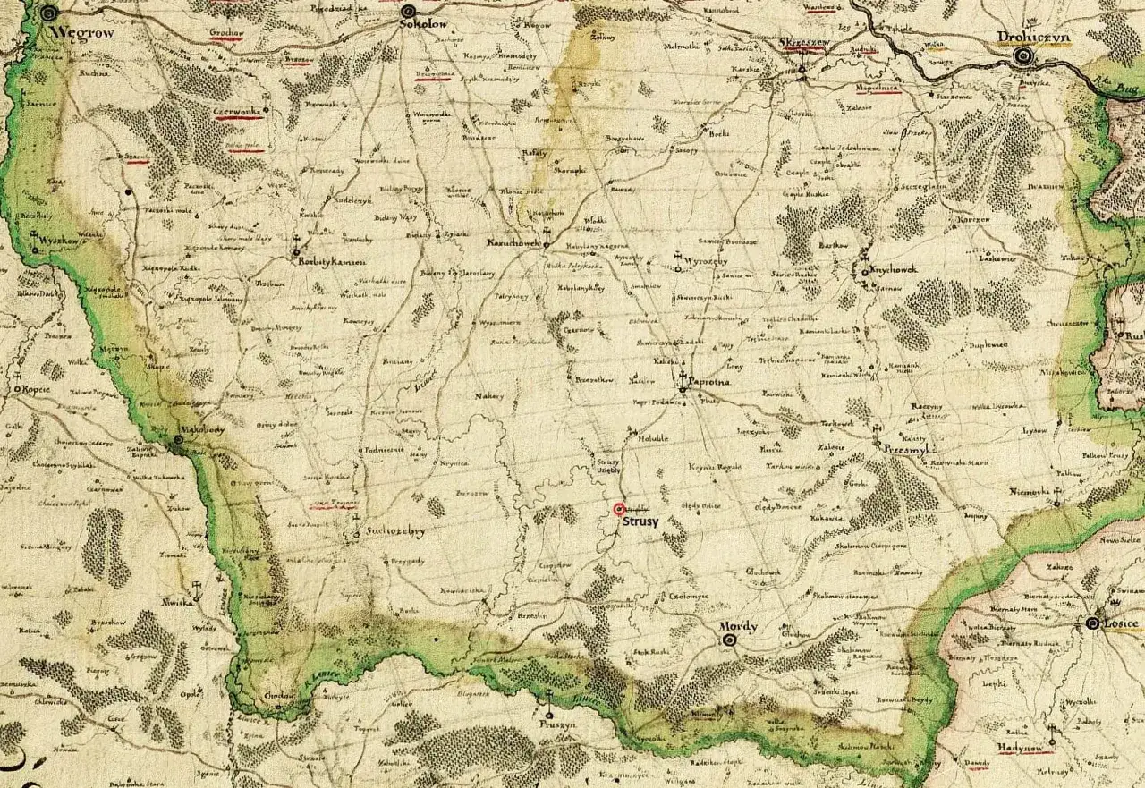 Stary, ręcznie rysowany plan pokazuje, gdzie jest Podlasie, z zaznaczonymi miasteczkami jak Strusy, Mordy i Drohiczyn.