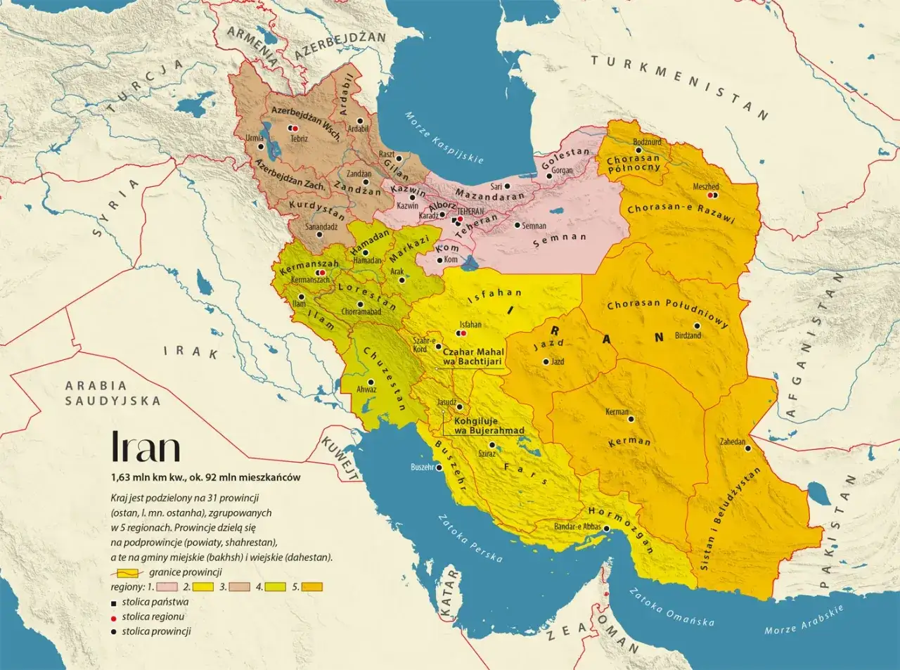 Mapa polityczna Iranu, pokazująca jego położenie między Irakiem, Arabią Saudyjską, Kuwejtem, Zatoką Perską, Omanem, Pakistanem, Afganistanem, Turkmenistanem, Azerbejdżanem, Armenią i Turcją.
