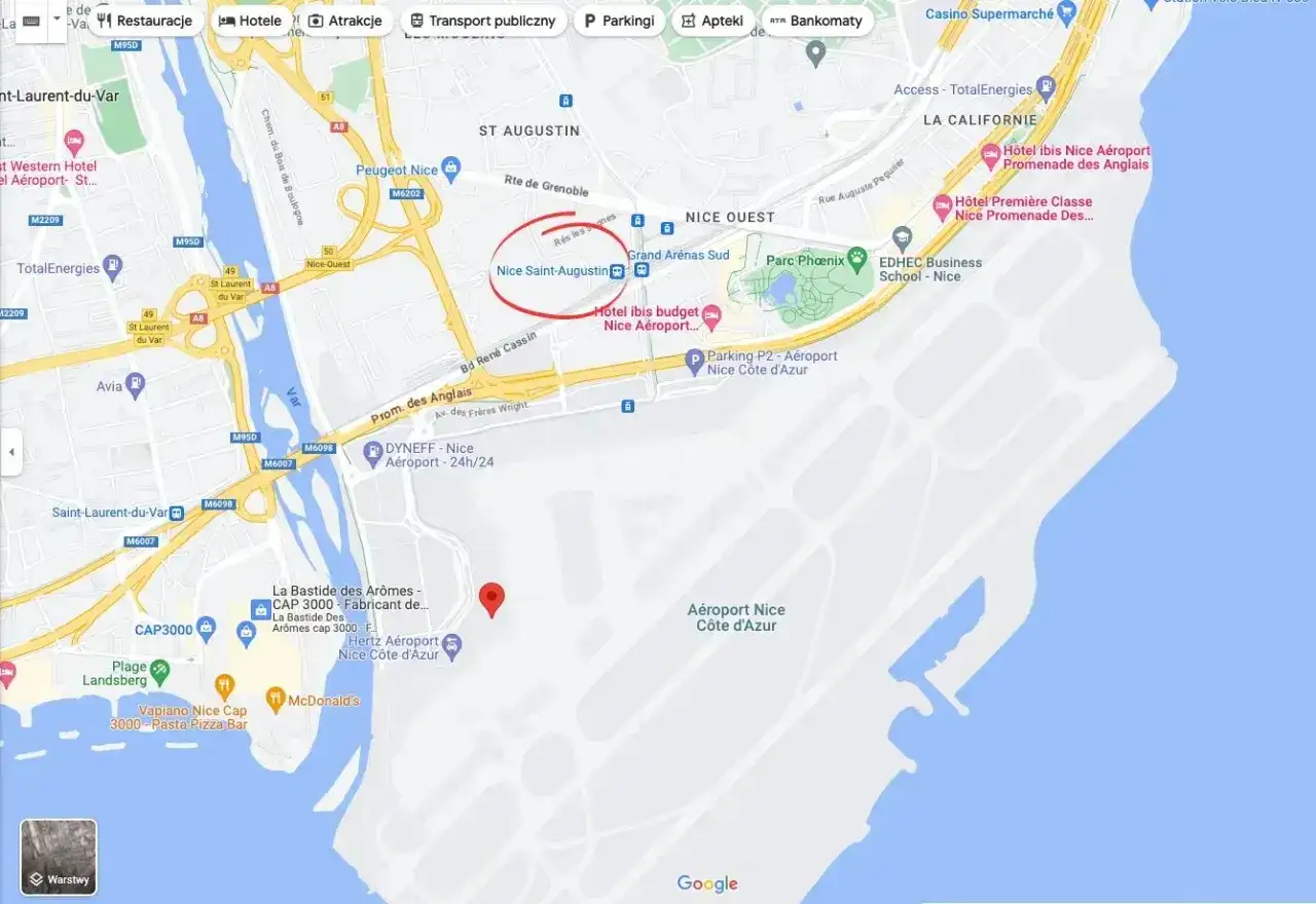 Gdzie jest Nicea? Mapa pokazuje lotnisko Nice Côte d'Azur i okolice, w tym Nice Saint-Augustin.