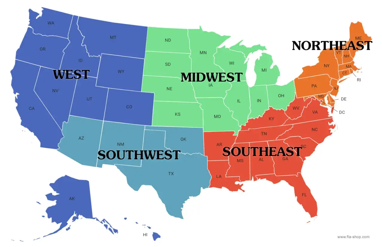 Mapa USA podzielona na regiony: Zachód, Środkowy Zachód, Południowy Zachód, Południowy Wschód i Północny Wschód.