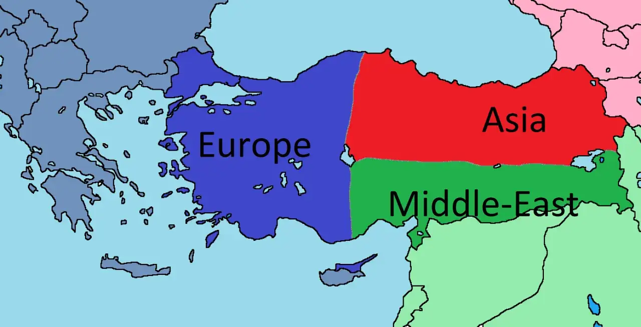 Mapa pokazuje, gdzie leży Turcja, podzielona na część europejską (niebieska), azjatycką (czerwona) i bliskowschodnią (zielona).