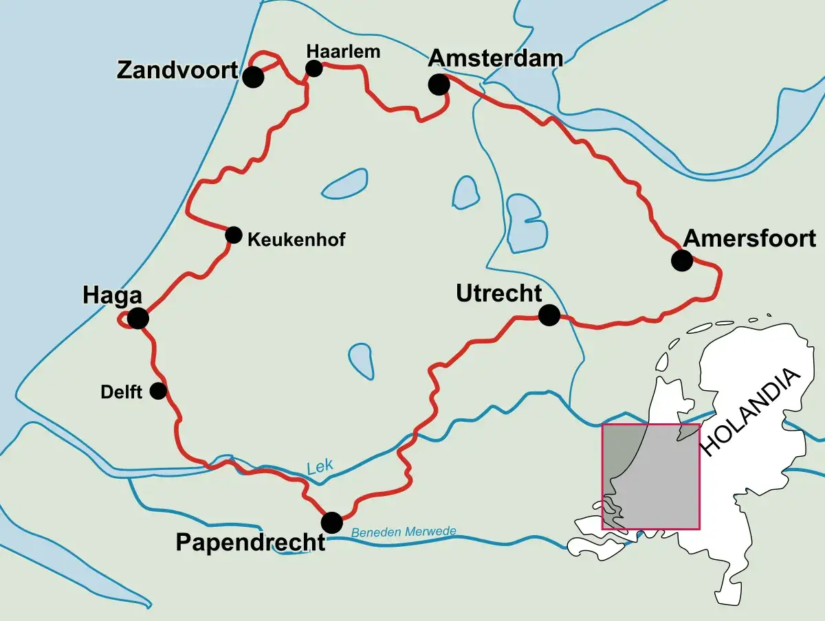 Mapa pokazuje trasę rowerową przez Holandię, z zaznaczonymi miastami: Zandvoort, Haarlem, Amsterdam, Amersfoort, Utrecht, Haga, Delft, Papendrecht.