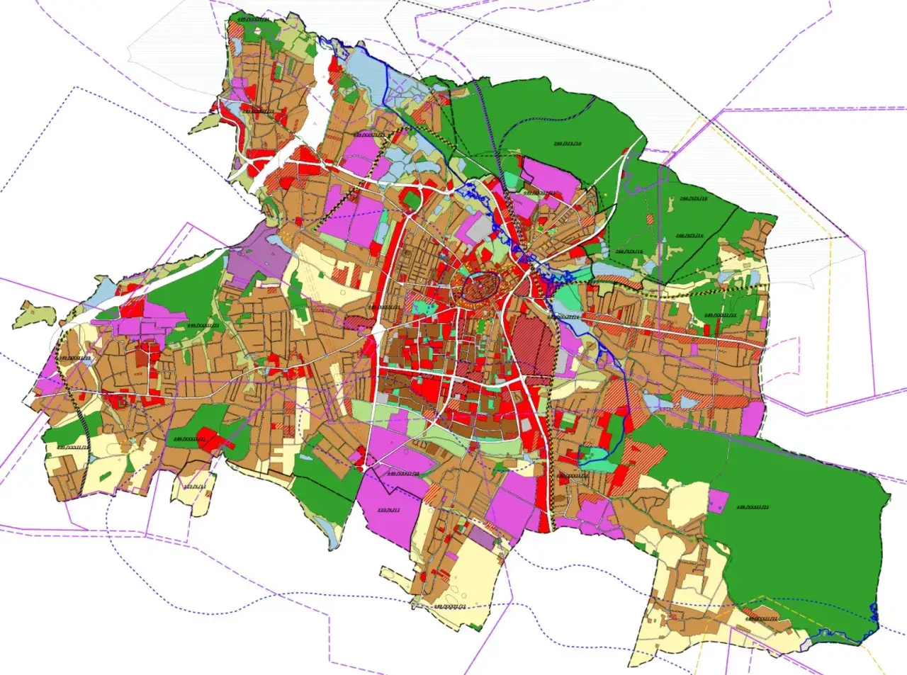 Mapa planu zagospodarowania przestrzennego, pokazująca gdzie są Żory. Różne kolory oznaczają tereny zabudowy, zieleni i dróg.