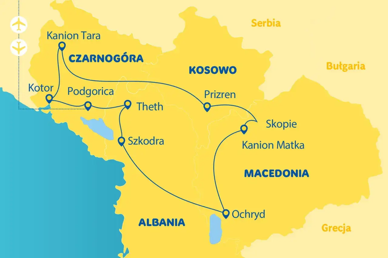 Mapa pokazuje trasę podróży przez Czarnogórę, Kosowo, Macedonię i Albanię, z zaznaczonymi miastami jak Kotor, Podgorica, Prizren, Skopje i Ochryd.