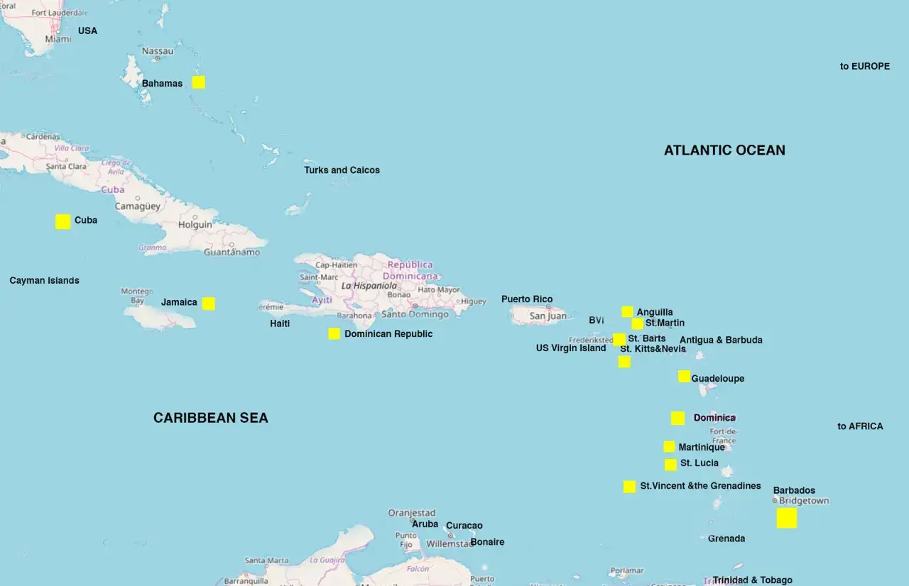 Mapa Karaibów z zaznaczonymi wyspami. Gdzie leży Dominikana? Na mapie widać ją na wyspie La Hispaniola, obok Haiti.