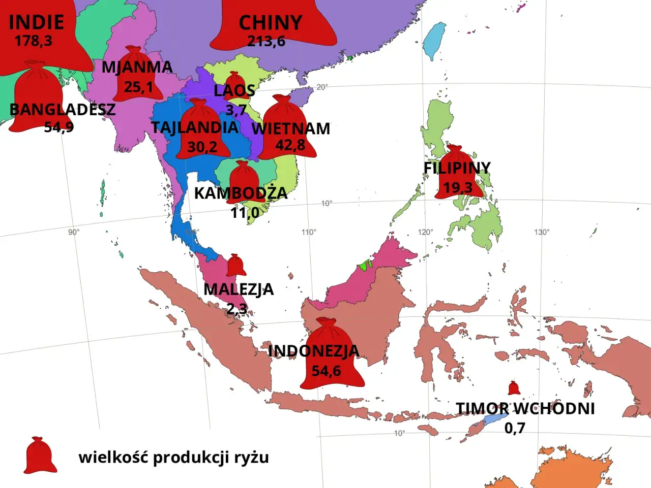 Mapa Azji Południowo-Wschodniej z zaznaczoną produkcją ryżu. Gdzie jest Tajlandia? Widać ją obok Wietnamu i Kambodży.