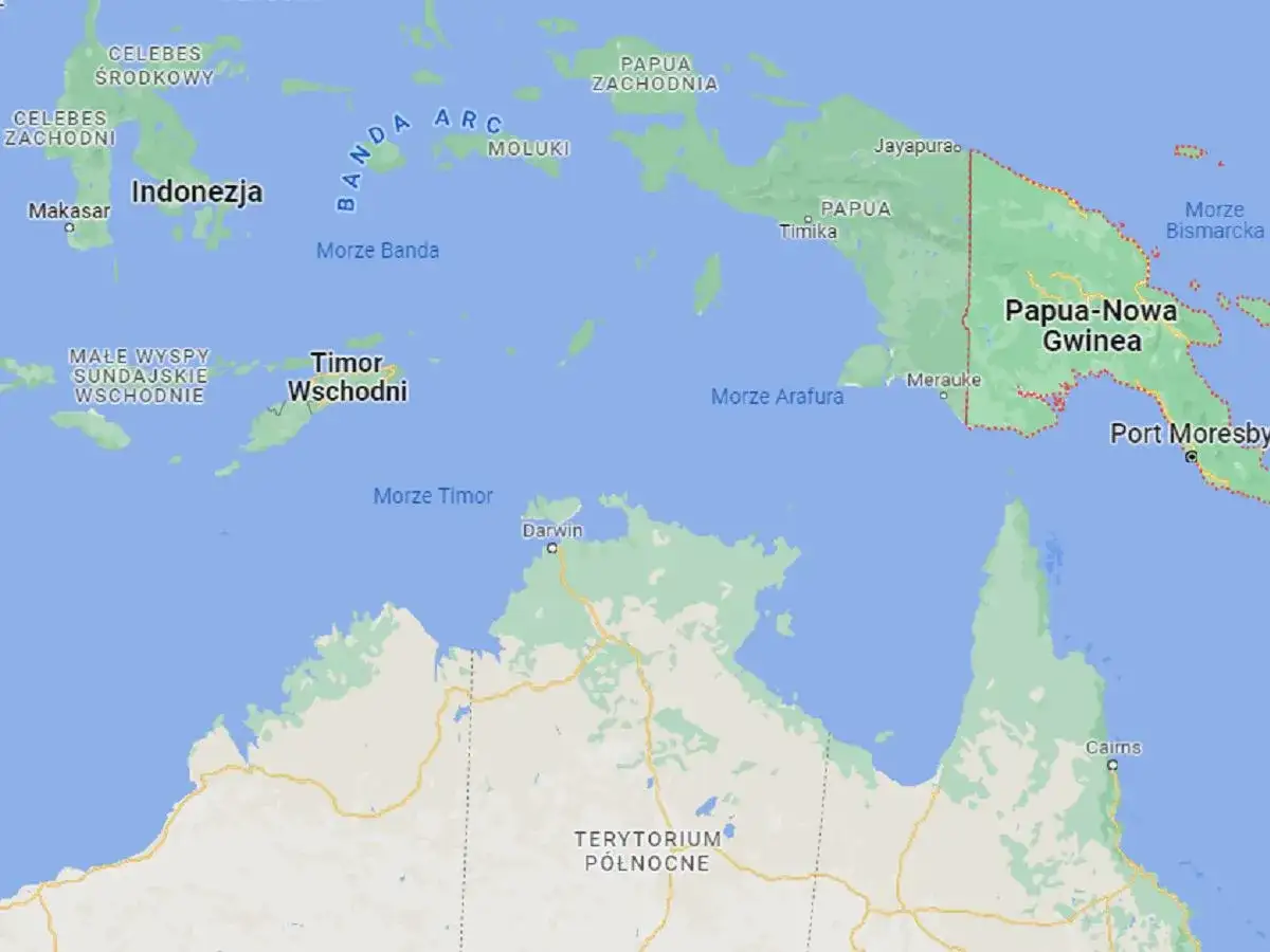 Mapa pokazuje, gdzie leży Papua-Nowa Gwinea, na wschód od Indonezji, na północ od Australii.