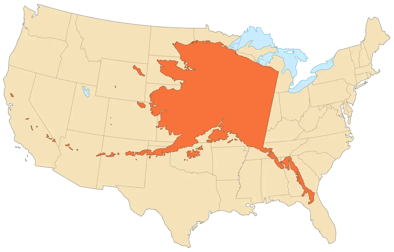 Mapa USA z zaznaczonym na pomarańczowo Alaską, największym stanem USA, i innymi obszarami.